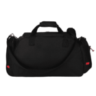 Black duffel bag with shoulder strap and red accents, shown on a white background.
