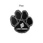 Black and white image of a stylized paw print with text Logo Design and a three-stripe emblem in the center. The word Paw is written above the paw print.