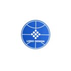 A blue circular logo with white lines forming a geometric pattern and the words Logo Design in the center.