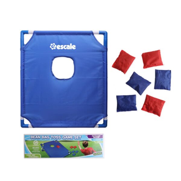 A blue bean bag toss game set with a square target and central hole. Includes red and blue bean bags. Packaging with an outdoor play scene and the brand name Escale is visible at the bottom.