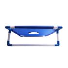 A blue and white portable beach chair with a triangular frame. It has a supportive fabric seat and a small handle cutout in the backrest for easy carrying. The chair is designed for outdoor use, likely on a beach or camping trip.