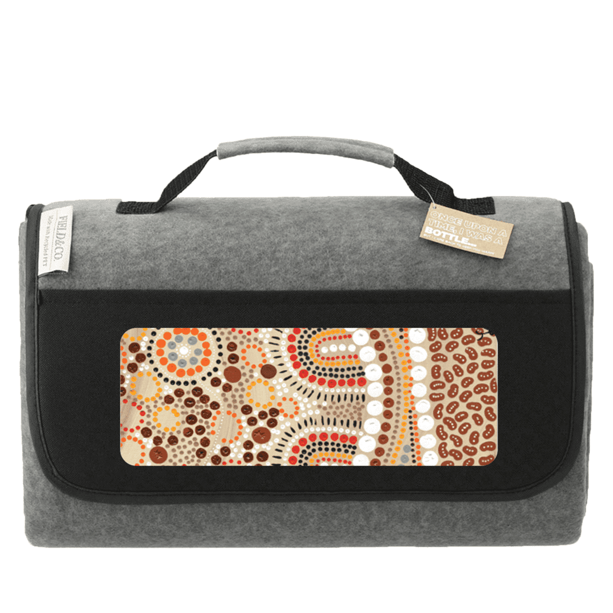 Gray and black picnic blanket with a handle and colorful dotted abstract pattern on the front.