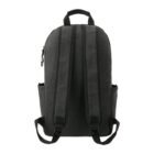 Black backpack shown from the back with two shoulder straps and side pockets.