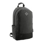 A dark gray and black backpack with a front pocket and top handle, on a white background.