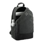 Black backpack with a water bottle in the side pocket and a laptop inside the main compartment.