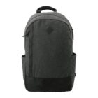 Black and dark grey backpack with a top handle and two side pockets, shown on a white background.