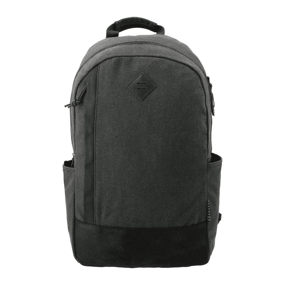 Black and dark grey backpack with a top handle and two side pockets, shown on a white background.