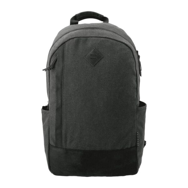 Black backpack with a front zipper pocket and two side pockets, shown on a white background.