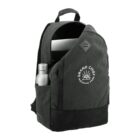 Black backpack with a laptop and water bottle inside, featuring a Grand Chief National Park logo.