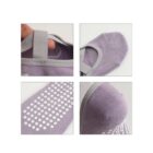 Collage of four images showing details of a purple sock: top elastic band, side view, non-slip dots on the bottom, and toe area.