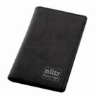 Black leather wallet with nütz flying high text on the front cover.
