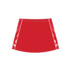 Red skirt with white side panels and abstract pink and white designs on the sides.