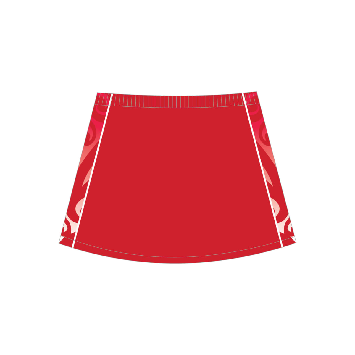 Red skirt with white and pink patterned side panels on a plain white background.