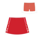 Red athletic skirt with patterned side panels; inset shows matching red shorts underneath.