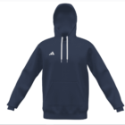 Navy blue hooded sweatshirt with white drawstrings and a small white logo on the chest.