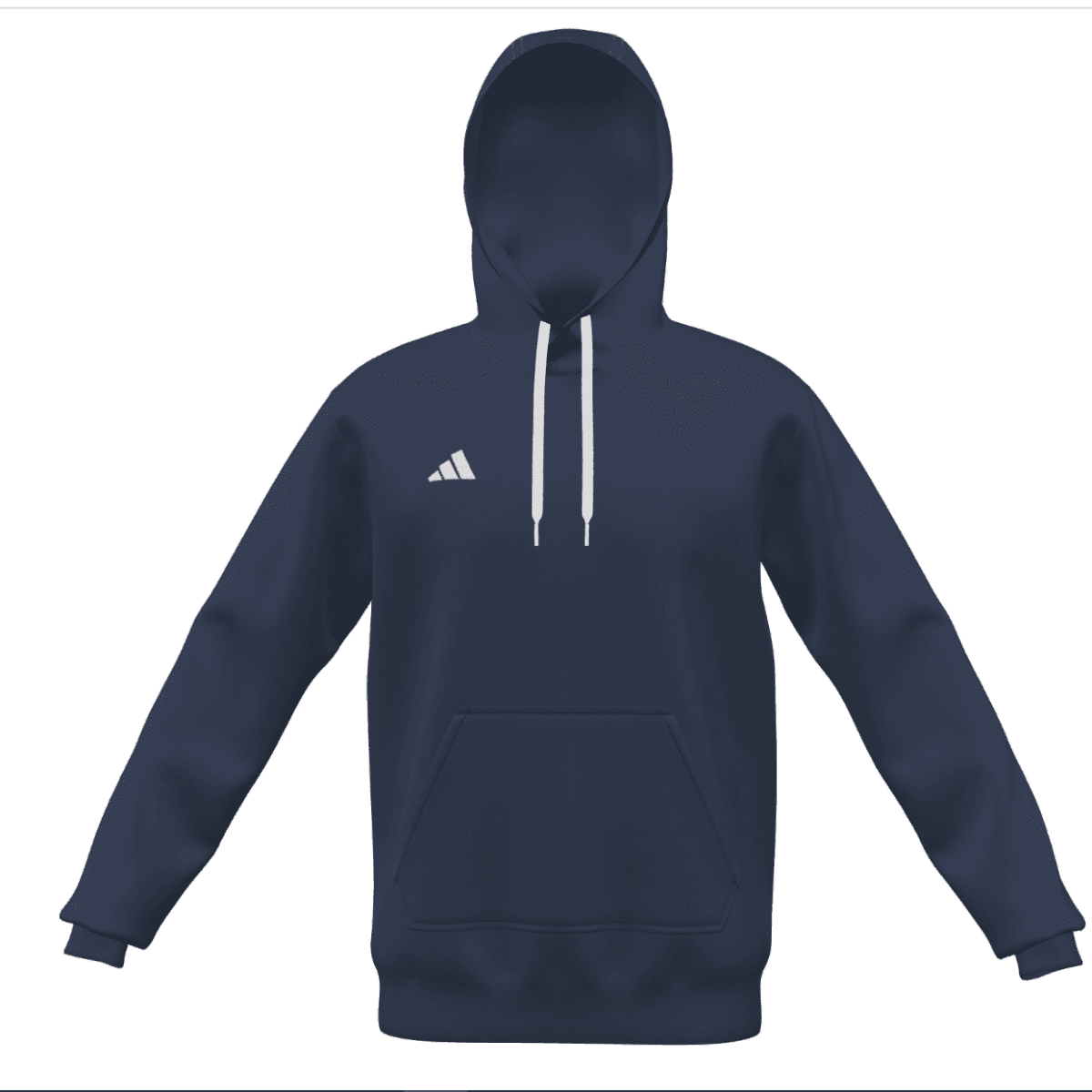 Navy blue hooded sweatshirt with white drawstrings and a small white logo on the chest.