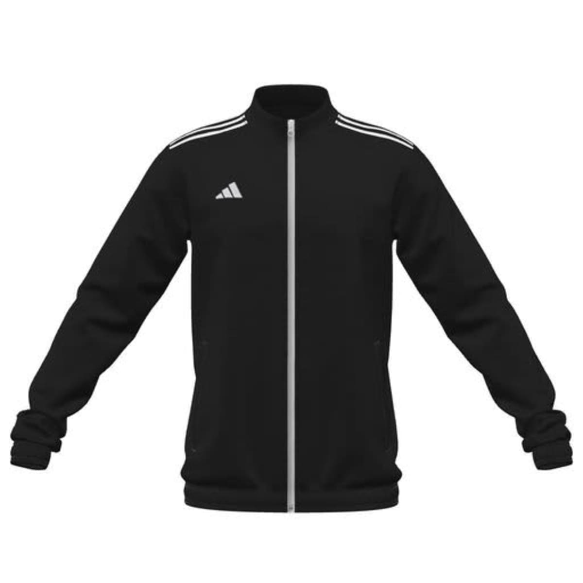 Black zip-up Adidas jacket with white stripes on shoulders and logo on chest, isolated on white.