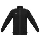 Black zip-up sports jacket with white stripes on shoulders and a small white logo on the chest.