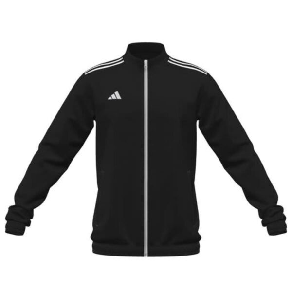 Black zip-up sports jacket with white stripes on shoulders and a small white logo on the chest.