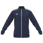 Navy blue zip-up jacket with white stripes on shoulders and a small white logo on the chest.