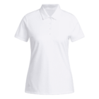 White short-sleeve womens polo shirt with a collar and button placket, on a plain background.