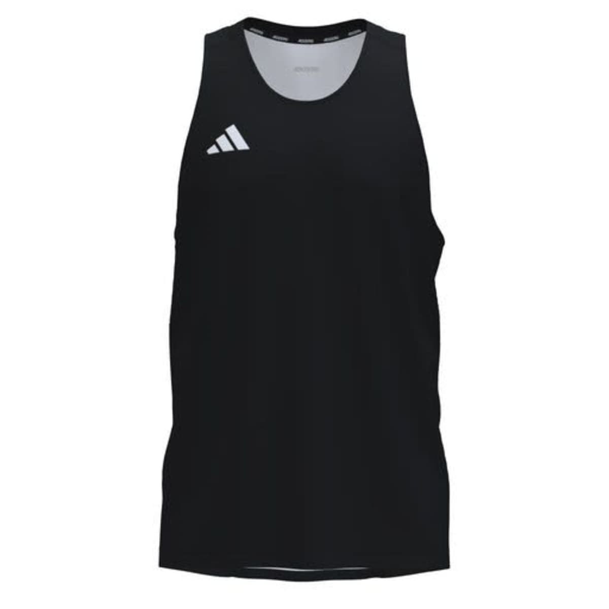 Black sleeveless athletic tank top with a white triangular logo near the left shoulder. Simple and solid design. Front view.