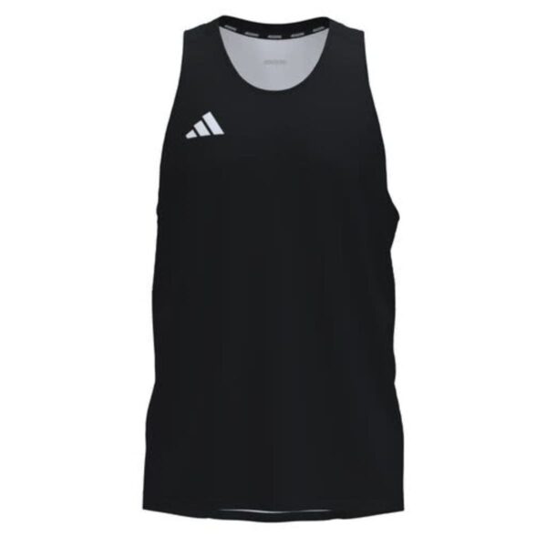 Black sleeveless athletic tank top with a small white logo near the left shoulder. The fabric appears lightweight and suitable for sports or exercise.