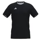 A black short-sleeve sports jersey with a minimalist design. It features a small white logo on the right chest area. The shirt has a simple, crew neck style and appears unadorned apart from the logo.