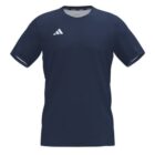 A navy blue athletic t-shirt with a small white logo featuring three diagonal stripes on the right chest. The shirt has short sleeves and a simple round neckline set against a plain white background.