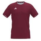 A maroon short-sleeve athletic shirt with a simple design. It features a small white abstract logo on the right chest area against a plain background.