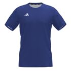 A plain, short-sleeved dark blue athletic T-shirt with a small white logo on the right side of the chest. The logo consists of three diagonal stripes. The shirt has a round neckline.