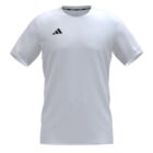White athletic t-shirt with a black Adidas logo on the right chest. The shirt has a simple and classic crew neck design with short sleeves.