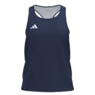 Dark blue athletic tank top with a round neckline and sleeveless design. Features a small, white triangular logo on the left chest area.