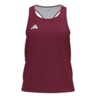 Front view of a sleeveless maroon athletic tank top with a small white logo on the upper left side. The tank has a racerback design and appears to be made of a lightweight material.