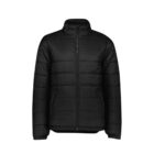 Black puffer jacket with a front zipper and high collar, displayed on a white background.