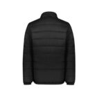 Back view of a black puffer jacket with horizontal quilted stitching.