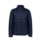 Navy blue puffer jacket with front zipper and side pockets on a white background.