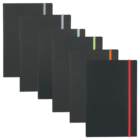 Seven black notebooks are arranged in a diagonal line, each with a different colored elastic band: red, orange, green, blue, light blue, gray, and white. They are displayed against a white background.