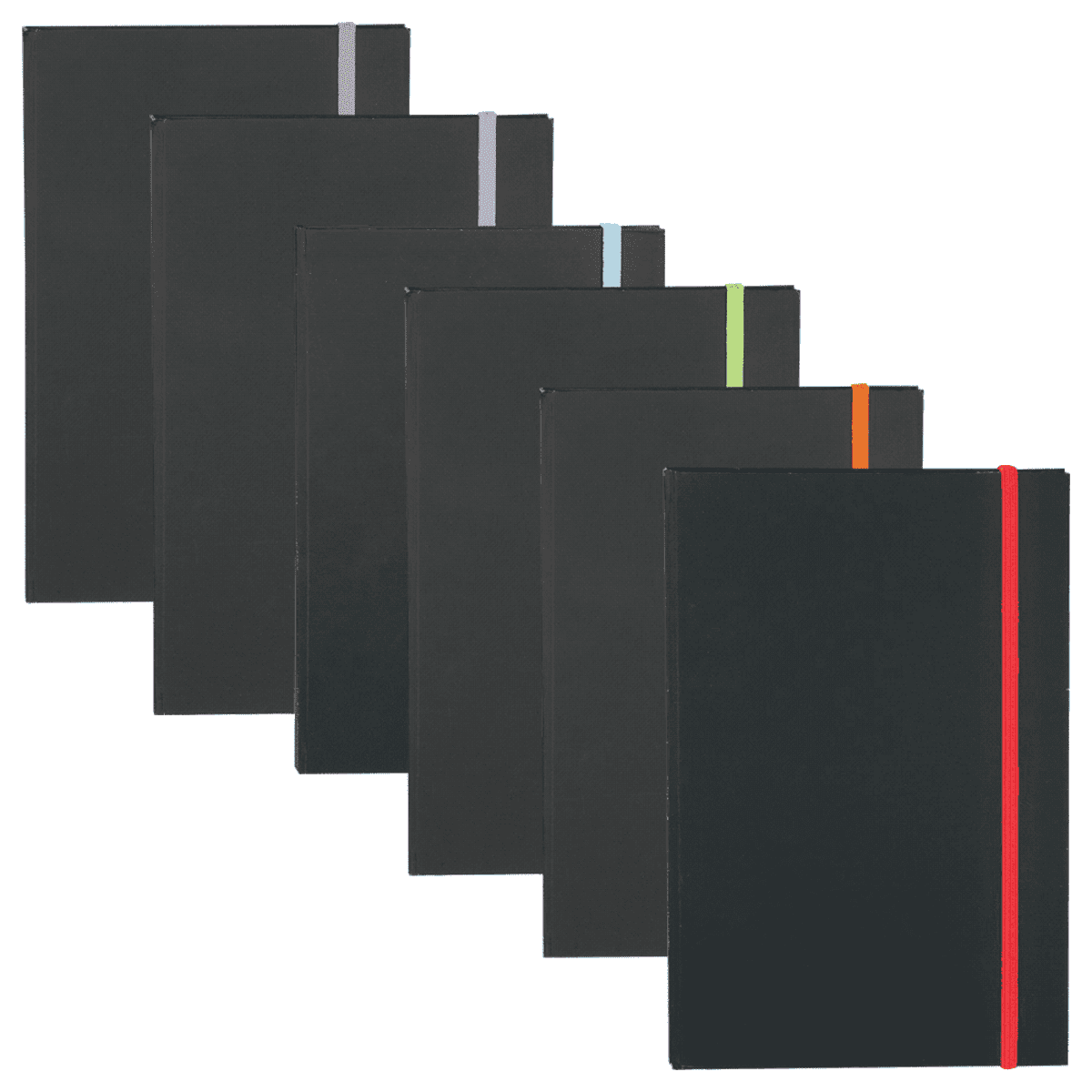 Seven black notebooks are arranged in a diagonal line, each with a different colored elastic band: red, orange, green, blue, light blue, gray, and white. They are displayed against a white background.