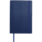 A closed, plain blue notebook with a matching elastic band and a ribbon bookmark on the right side. The cover is smooth and unadorned.