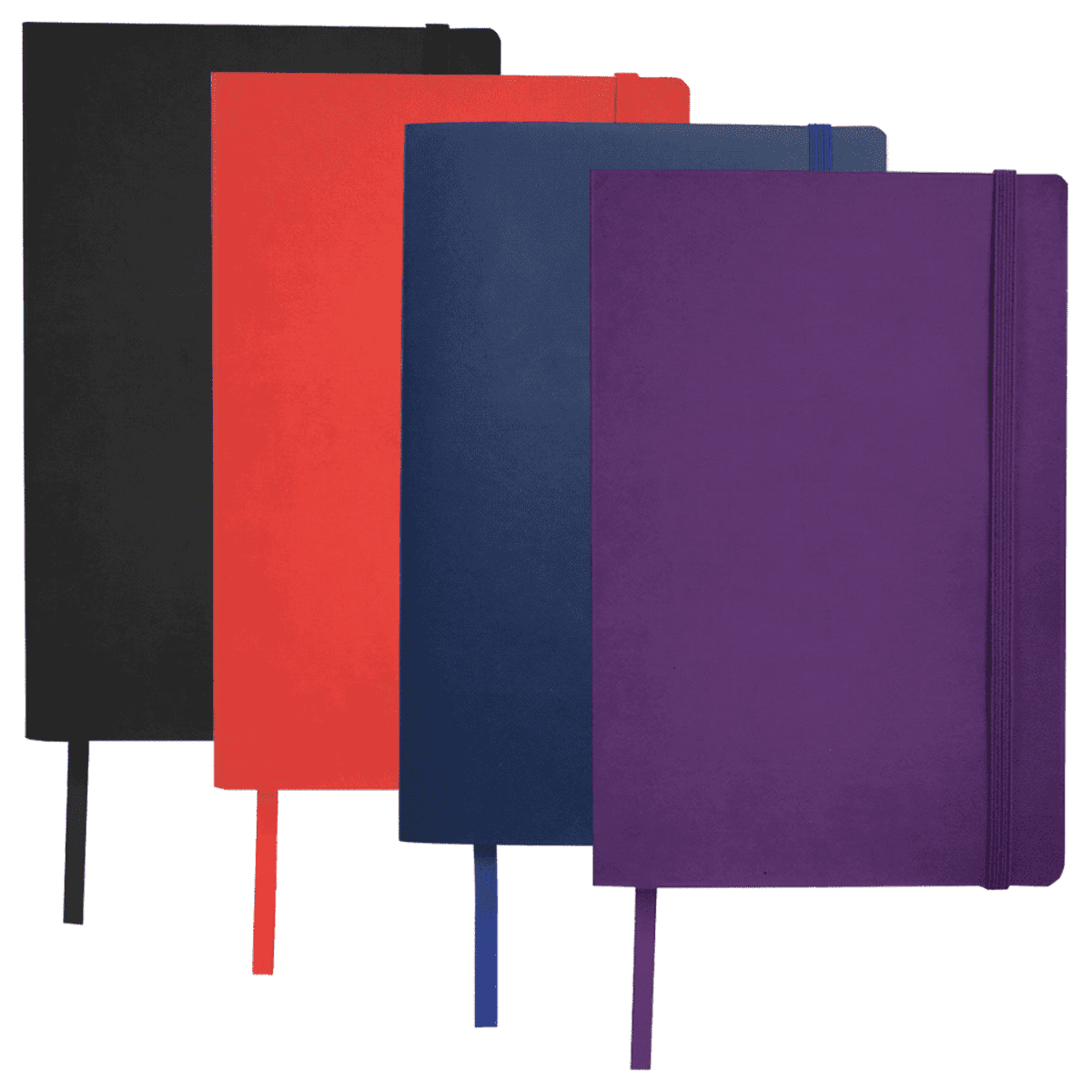 Four closed notebooks are displayed upright. They are black, red, blue, and purple, each with a matching ribbon bookmark and elastic band. The notebooks overlap slightly, showcasing their covers.