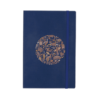 A dark blue notebook with a circular design embossed on the cover featuring various gold animals and plants. A blue elastic band wraps around the right side.