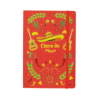 A red notebook with the text Cinco de Mayo in yellow. The cover features sombreros, guitars, maracas, chili peppers, and green leaves in a festive design, with an elastic strap on the right side.