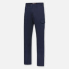Navy blue Explorer Shield cargo pants with side pocket, button closure, straight legs.