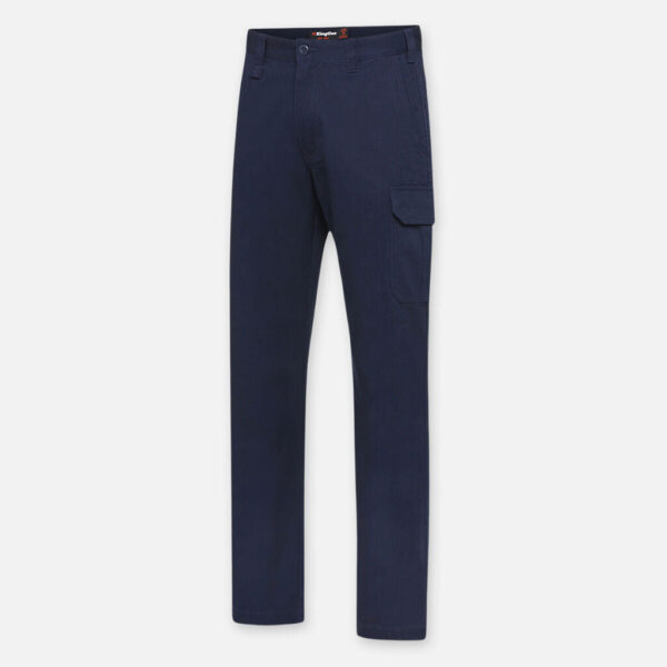 Navy blue Explorer Shield cargo pants with side pocket, button closure, straight legs.