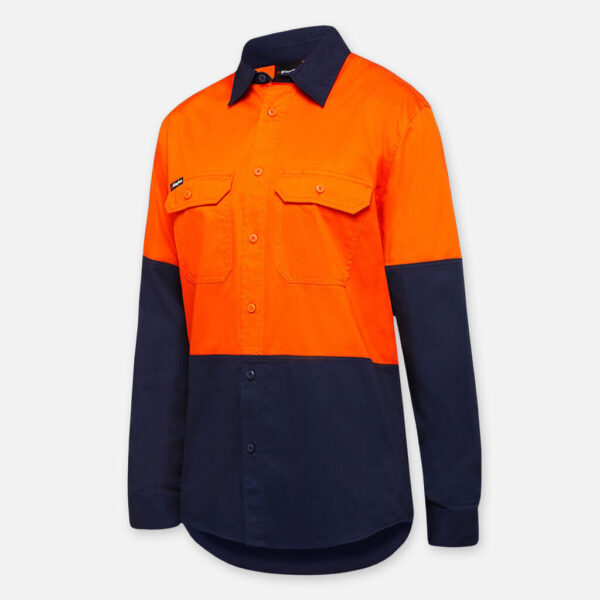 Explorer Shield hi-vis long-sleeve shirt, orange top/navy bottom, with chest pockets.