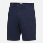 Explorer Shield cargo shorts, navy blue, with belt loops and side pocket on white background.