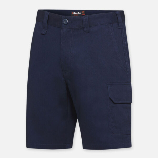 Explorer Shield cargo shorts, navy blue, with belt loops and side pocket on white background.