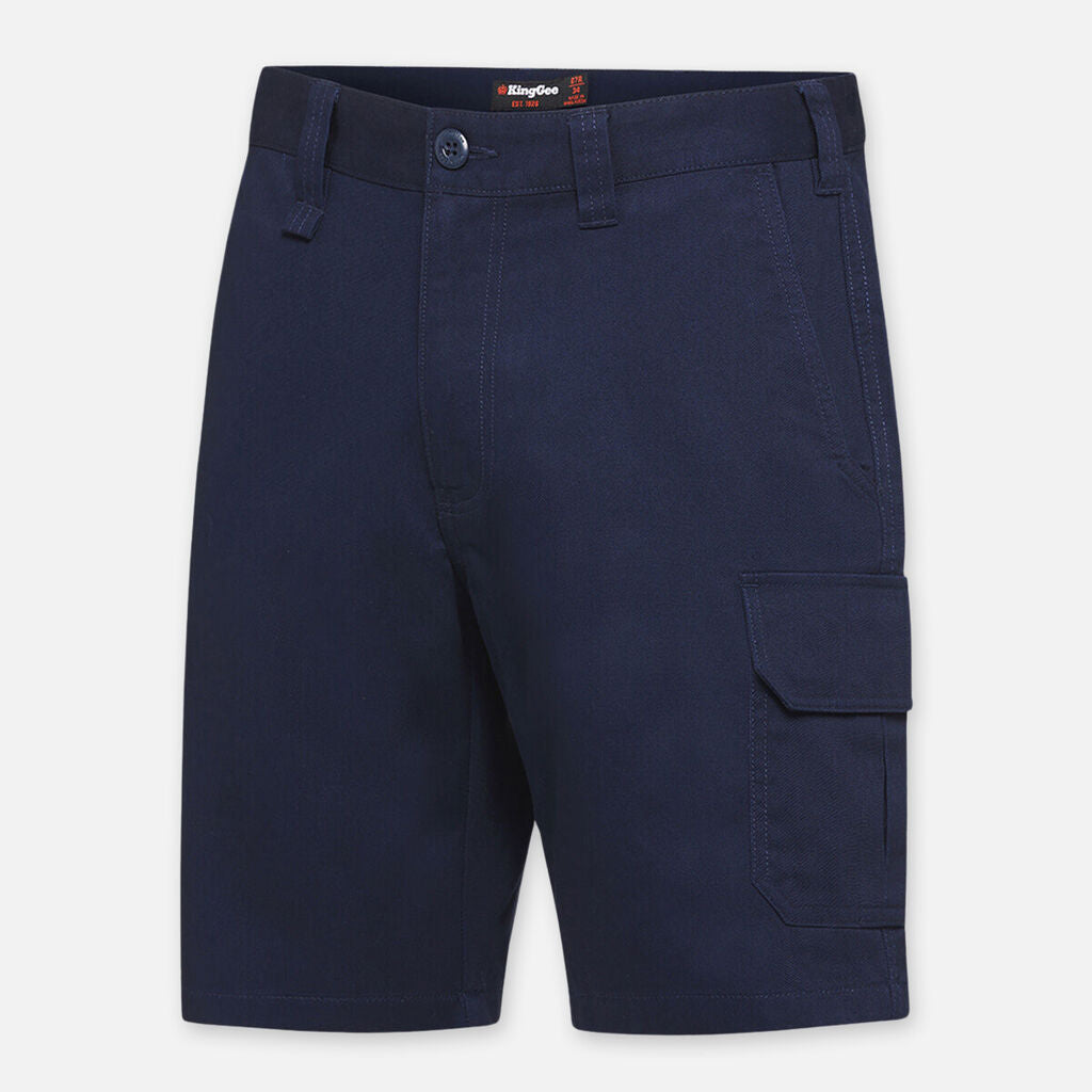 Explorer Shield cargo shorts, navy blue, with belt loops and side pocket on white background.