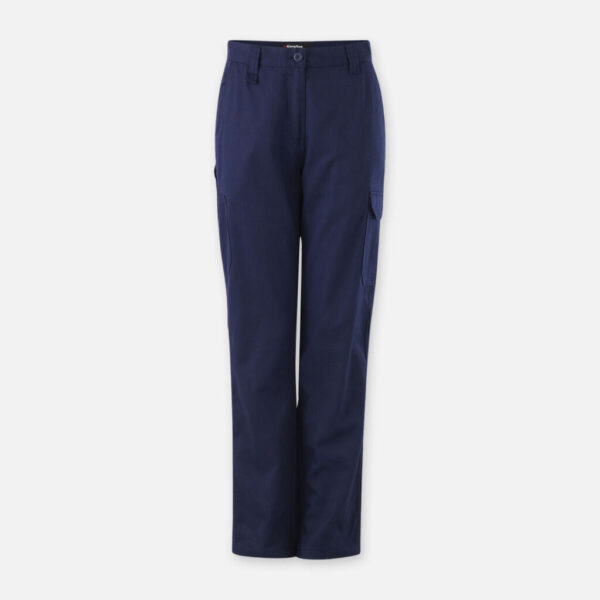 Navy blue Explorer Shield cargo pants with side pockets, belt loops, and button closure.